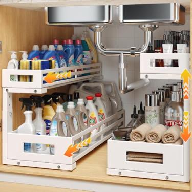 Imagem de Pacote com 2 organizadores e armazenamento embaixo da pia de 51 cm, organizador de armário em forma de L de 2 camadas com trilhos deslizantes atualizados, gavetas ajustáveis de altura para cozinha e