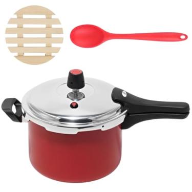 Imagem de Panela de Pressão 4,5 Litros Antiaderente Fechamento Externo + Descanso Redondo + Colher de Silicone Vermelha