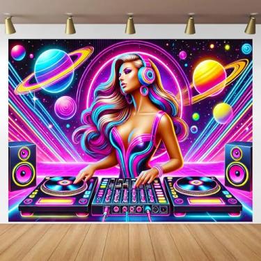 Imagem de BlissYard Tapeçaria Neon DJ Girl Blacklight 188 x 159 cm Trippy Music Party Decoração de parede para quarto, sala de estar, sala de jogos, tapeçaria que brilha no escuro, pôster estético psicodélico