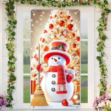Imagem de BlissYard Capa de porta de árvore de boneco de neve, faixa de Natal de 188 x 89 cm, para decoração interna e externa, grande pano de fundo com chapéu vermelho, cachecol, vassoura, ornamentos dourados
