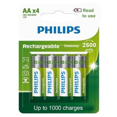 Imagem de Pilha Recarregável Philips Aa 2500 mAh Pequena com 4 Unidades Prontas 