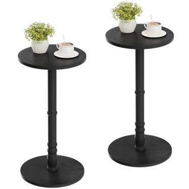 Imagem de Homleke Conjunto de 2 mesas laterais redondas, pilar de madeira maciça com tampo e base de madeira, mesa pequena para sala de estar, quarto, sofá e escritório, fácil montagem, preto