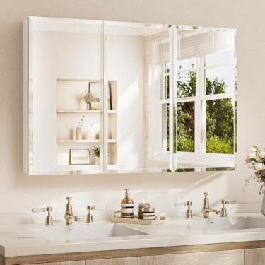 Imagem de TETOTE Armário de remédios de 122 x 81 cm com espelho chanfrado temperado espelho prateado com dobradiças DTC de armário de alumínio de armazenamento, prateleiras ajustáveis contínuas, embutidas