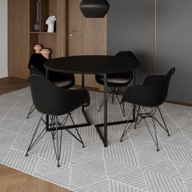 Imagem de Mesa Industrial Jantar Redonda 110Cm Preta Base V Com 4 Poltronas Pret