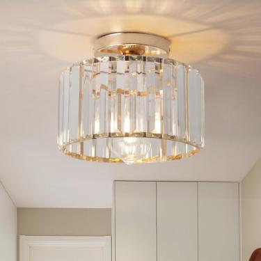 Imagem de Higufyier Luminária de teto de cristal dourado de 23 cm - Lustre moderno de montagem semi-embutida com cristais premium para entrada, sala de jantar, quarto, cozinha