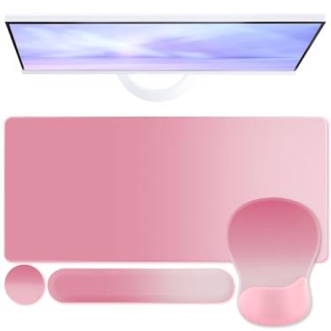 Imagem de Boutilon Conjunto de mouse pad, tapete de escrita de mesa com descanso de pulso, suporte ergonômico para o pulso, descanso de pulso de teclado, porta-copos para jogos, trabalho, casa, escritório (rosa