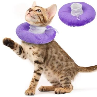 Imagem de Coleira em cone de gato macia, ajustável e leve para gatinho elisabetano para parar de lamber após a cirurgia, ideal para recuperação de feridas, durável e lavável na máquina, roxo pequeno