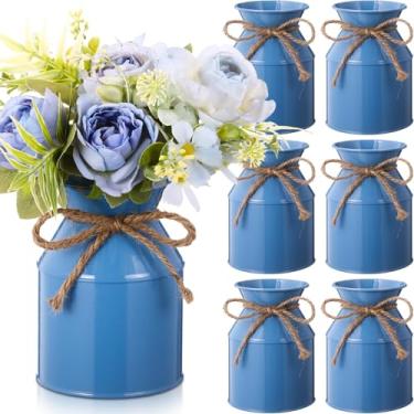 Imagem de Domensi Vaso de flores de metal para casa de fazenda, 6 peças, 13 cm, jarro galvanizado, com laço de barbante, baldes de flores rústicos para mesa floral, centro de mesa, decoração de casamento (azul)