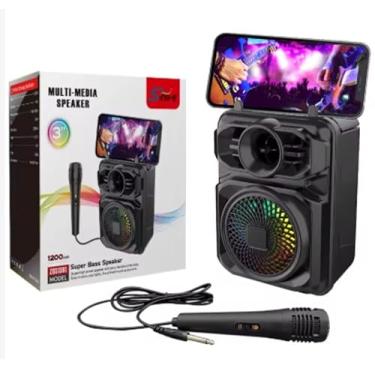 Imagem de Caixa de Som Bluetooth Portátil, Karaokê com Microfone, Luz LED, Suporte para Celular, Rádio FM, USB