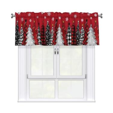 Imagem de Miaoquhe Cortina de árvore de Natal para cozinha 137.2 cm x 45.7 cm Red Black Buffalo Plaid Short Curtain Winter Snowflake Window Topper Treatment Rod Pocket Valance for Holiday Living Room Decor