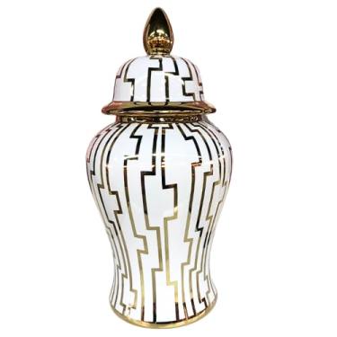 Imagem de Vaso Chinês de Cerâmica Branco e Dourado 50cm Decorativo Luxo para Sala de Estar, Hall de Entrada, Decoração para Festas e Jantares e para Escritório
