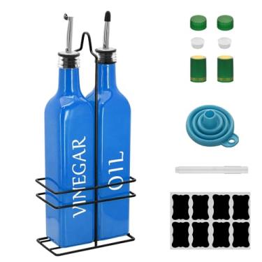 Imagem de Conjunto de dispensador de óleo e vinagre Farmhouse, 500 ml, lindo dispensador de azeite, inclui uma prateleira de aço preto e um funil, galheteiros vintage para vinagre e óleo (azul)
