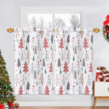 Imagem de ASPMIZ Cortinas de cozinha de Natal 91 cm de comprimento, cortinas de janela de cozinha de árvore de Natal sobre pia, cortina de janela curta de inverno para banheiro cortina 2 painéis, 66 x 91 cm