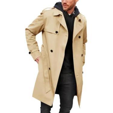 Imagem de Trench Coat Masculino Slim Fit Double Breasted Cinto Windbreaker Lapela Jaqueta Longa Casual Casaco à Prova De Vento, Khaki, M