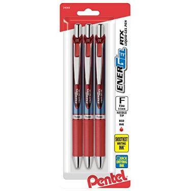 Imagem de Pentel® Canetas de gel líquido retráteis EnerGel® RTX, ponta fina, 0,5 mm, 54% recicladas, cores de barril sortidas, tinta vermelha, pacote com 3 frigideiras