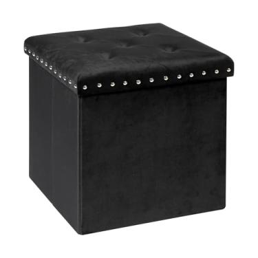Imagem de PINPLUS Cubo Otomano de Armazenamento Dobrável Preto, Banco Pequeno de Veludo Tufado para Descanso de Pés com Design de Rebite, Assento Acolchoado para Sala de Estar, Caixa de Sapatos Baú de Brinquedo