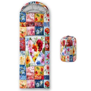 Imagem de QOOMO Sacos de dormir impermeáveis com flores coloridas para adultos e crianças, sacos de dormir impressos para acampamento, clima quente e frio, viagens e ao ar livre, equipamentos de acampamento