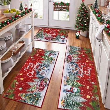 Imagem de U'Artlines Conjunto de 3 tapetes e tapetes de cozinha de Natal, antiderrapante, árvore de Natal e carro, para decoração de casa, tapetes laváveis para piso 50 x 81 + 51 x 121 + 51 cm + 51 cm