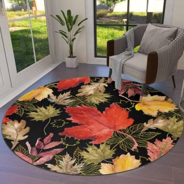 Imagem de Tapete redondo de outono com folhas de bordo de 0,9 m, tapetes laváveis para área interna, tapete à prova de manchas para sala de estar, sala de jantar, cozinha, quarto, berçário, planta de outono