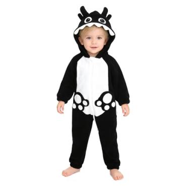 Imagem de ALVABABY Macaquinho de peça única para bebês meninos - Body de lã com zíper longo, roupa macia para bebês e crianças 3M-3T, Monstro preto e branco, 6-12 Meses