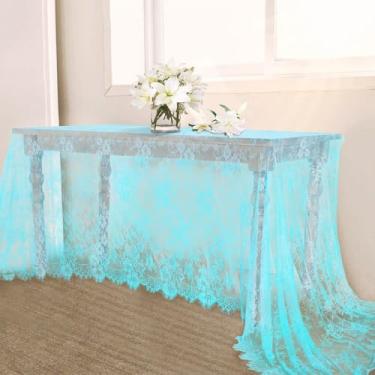 Imagem de LuoluoHouse Toalha de mesa de renda rústica tecido azul 152 x 300 cm para decoração de festa de casamento boho chá de panela retangular sobreposição longa vintage bordado decoração de mesa de recepção