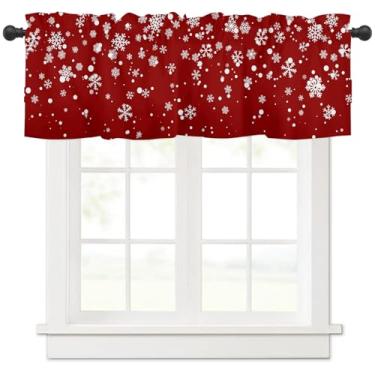 Imagem de Cortinas de cozinha de Natal, sanefas para janelas, floco de neve de inverno, vermelho, bolso para varão, pequena sanefa, tratamentos de janela, 1 painel, cortina curta para banheiro, sala de estar
