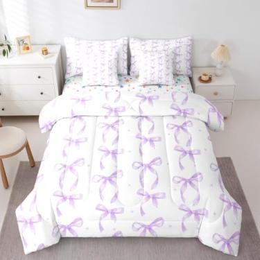 Imagem de Erosebridal Jogo de cama solteiro de laço roxo com lençóis, decoração de quarto de meninas, crianças, com laço roxo em uma bolsa, 7 peças, conjunto de cama com laço de princesa + lençol de cima