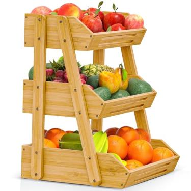 Imagem de [Atualizado] Cesta de frutas de bambu com 4 pernas, suporte de armazenamento de frutas de 3 camadas, tigela de frutas removível para bancada, suporte de vegetais para organizador de balcão de cozinha