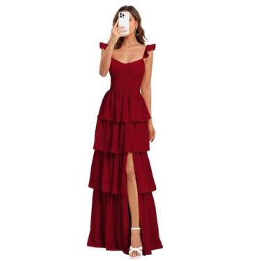 Imagem de Vestido de dama de honra Dessiny Wine Red em camadas com babados 2025 