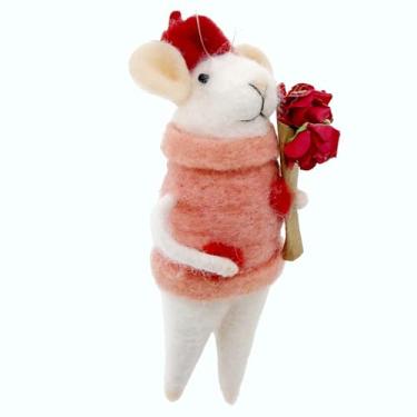 Imagem de Enfeite de rato de flor - Rato branco de lã segurando rosas árvore de Natal decoração de férias