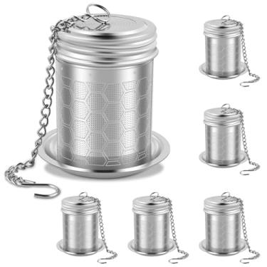 Imagem de 6 coadores de chá para chá solto, infusores de chá de malha extrafina de aço inoxidável 304 com bandeja coletora, gancho de corrente e tampa rosqueada fina, infusores de chá de folhas soltas para chá