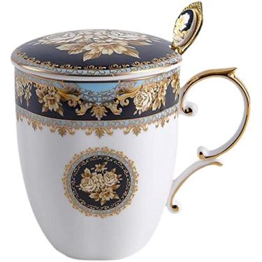 Imagem de WYUYIWH Caneca de porcelana de osso estilo europeu pintada a ouro, copo de cerâmica personalizado com tampa, xícara de café de grande capacidade
