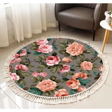 Imagem de ENIGMEX Tapete redondo com franjas laranja rosa flores verdes padrão cinza boho tapete de linho borla tapete tecido à mão pátio corredor tapete decoração de casa sala de estar casa de banho, 9 m