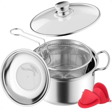 Imagem de Frigideira com cesta, frigideira de aço inoxidável OPENICE com tampa de cesta e filtro de óleo para fritura de fogão, fervura e gordura - 4 l/4,25 litros