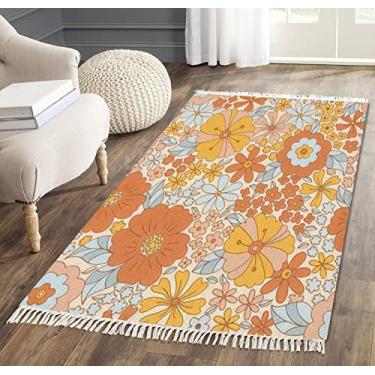 Imagem de Tapete de área com borlas retrô dos anos 70 anos 60 floral hippie verão flor divertida flor infantil tecido franja tapete de chão tapete de pátio corredor tapete minimalista decoração de casa sala de