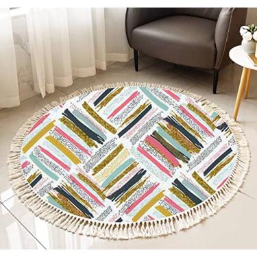 Imagem de Tapete redondo com franja sem costura desenhado com glitter texturizado listras pintadas rosa verde boho tapete de linho tecido à mão pátio corredor tapete decoração de casa sala de estar mesa de