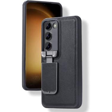 Imagem de Capa de couro genuíno para Samsung Galaxy S23/S23 Plus/S23 Ultra, capa de proteção de lente traseira antiarranhões e proteção de privacidade, flip de liga de alumínio, capa fina preta