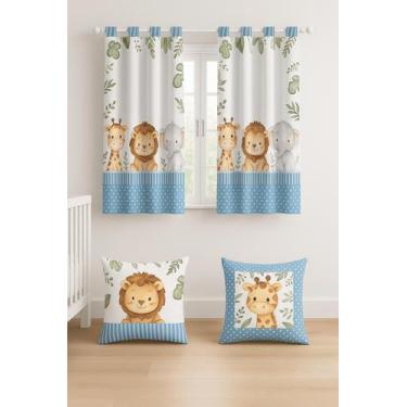 Imagem de Kit Cortina 2m + 2 Capa De Almofada Decoração Quarto Infantil - Mundo 