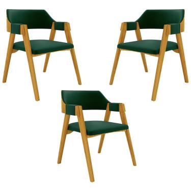 Imagem de Kit 3 Cadeiras Sala de Jantar e Jogos Carteados Madeira Maciça Poker Veludo Verde/Mel G42 - Gran Belo