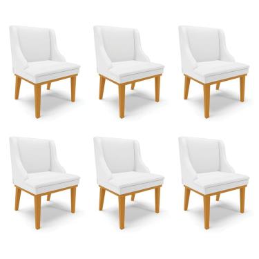 Imagem de Kit 6 Cadeiras Decorativas Sala de Jantar Base Fixa de Madeira Firenze PU Branco Fosco/Castanho G19 - Gran Belo