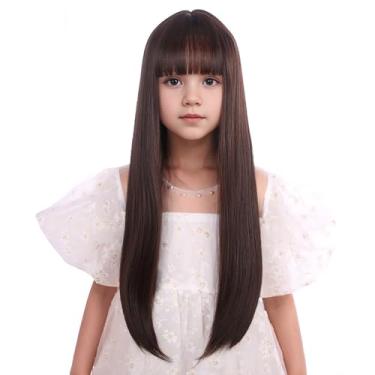 Imagem de Edivd Peruca Marrom Para Crianças Meninas Longa Escura Com Franja Reta Perucas Infantis Resistente Ao Calor Sintética Touca