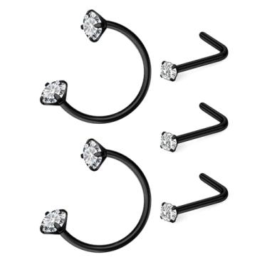 Imagem de Hoeudjo Anel de nariz em ferradura 18G de aço cirúrgico, argolas de nariz para mulheres, brincos de nariz de cristal transparente de 2 mm, joia de piercing corporal para mulheres e homens, Metal