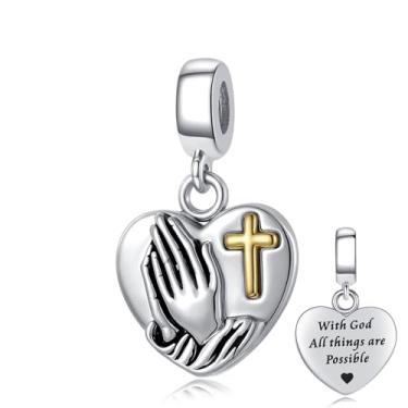 Imagem de LuxglitterLin Pingente de coração com mãos rezando e cruz de ouro gravada escritura Matthew19:26 pingente de contas joias religiosas compatíveis com pulseiras Pandora