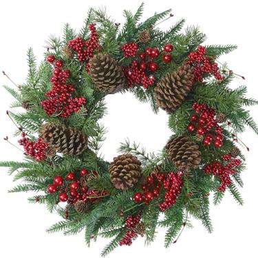 Imagem de Guirlanda de Natal artificial de 55 cm para porta da frente com agulhas de pinheiro, frutas vermelhas, pinhas grandes, decorações de Natal para inverno, casa de fazenda, parede, ambientes internos e