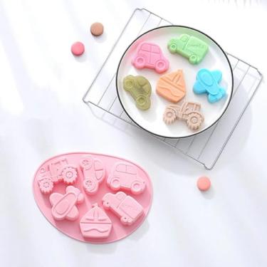 Imagem de 1 conjunto de moldes de silicone para assar bolos de gelo e doces de chocolate com vários temas de transporte, bandeja de molde reutilizável antiaderente