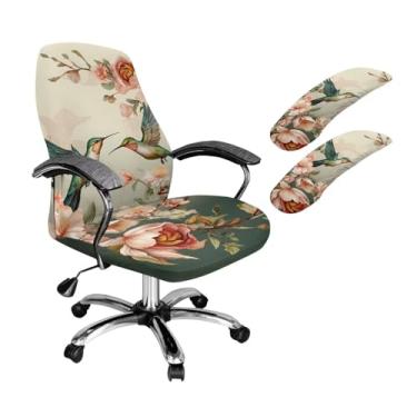 Imagem de SAJJWHHR Capa para cadeira de escritório com estampa floral de beija-flor com capas de apoio de braço, 3 peças, capa de cadeira de escritório, à prova de poeira, protetor de assento para cadeiras de