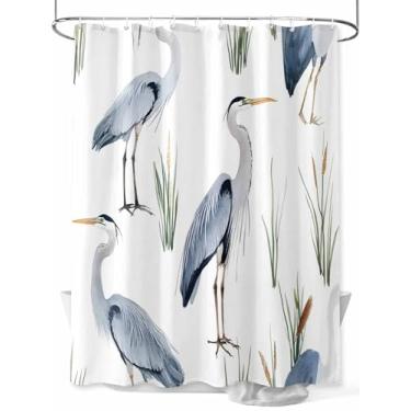 Imagem de Cortina de chuveiro Blue Farmhouse Birds, tecido lavável impermeável Country Grass, conjunto de cortinas de banheiro para decoração de banheiro, 91 x 182 cm de comprimento, verde e branco