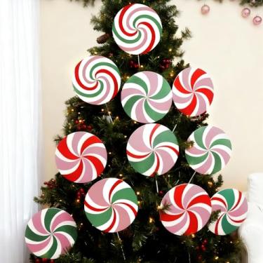 Imagem de 12 peças de decoração de árvore de Natal de doces grandes palitos de Natal de pirulito de hortelã-pimenta, enfeites de doces rosa e vermelhos, enfeite de árvore de plástico para decoração de vaso de