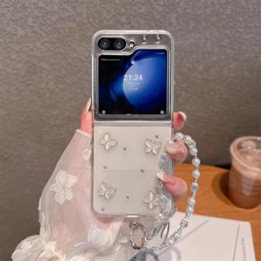 Imagem de Capa para Galaxy Z Flip5, capa de celular com glitter e borboleta fofa, transparente e rígida (para Galaxy Z Flip5/capa com corrente)