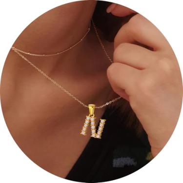 Imagem de Colar feminino com inicial CZ em camadas, pingente delicado de letra A a Z, joia banhada a ouro de corrente dupla, presente personalizado, 14+2in/16+2in, Aço inoxidável, Sem Pedra Preciosa